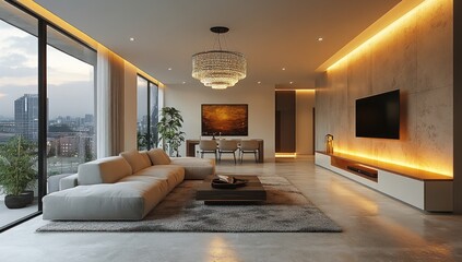 Modern apartment living room with city view, cozy furniture, and warm lighting; ideal for real estate listings