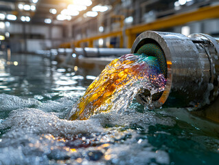 Industrial scene showing liquid flowing from a pipe. It might be used as a visual for technical processes or environmental topics. The image focuses on details