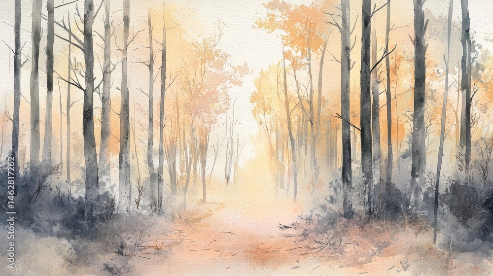 Poster a painting of a forest with trees and a path