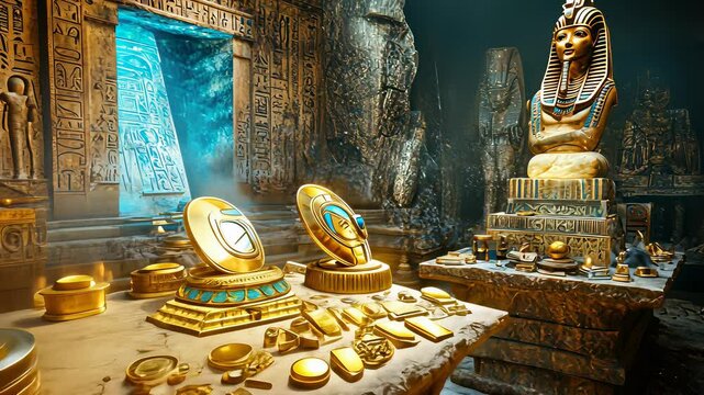 Ancient Treasure Hoard: Gold Coins, Jewelry, and Artifacts in a Lost Tomb Chamber, Dramatic Lighting.