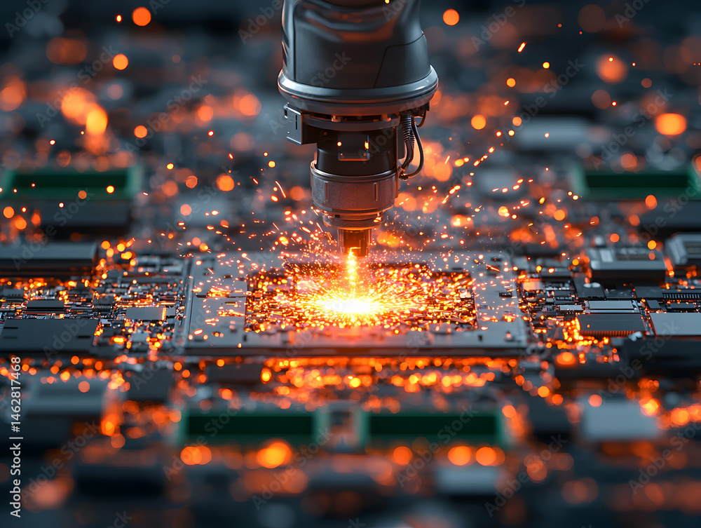 Poster a robotic arm precision cutting a circuit board with fiery sparks. suggests high-tech manufacturing 