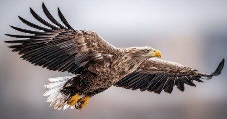 Obraz premium A bird's eye view of a wilderness forest featuring old spruce, fir and pine trees with a red tailed hawk