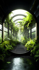 A futuristic botanical garden. Create a serene escape or use it in a cyberpunk setting for a contrast of nature and technology.