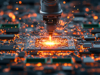A robotic arm precision cutting a circuit board with fiery sparks. Suggests high-tech manufacturing and future technology applications. 