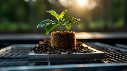 A coffee plant sprout thrives in a unique porous base surrounded by beans. Suggest a sustainable farming concept promoting environmental awareness and coffee cultivation.