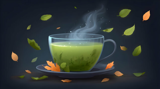 elixir swirling in a transparent cup surrounded by digital leaves