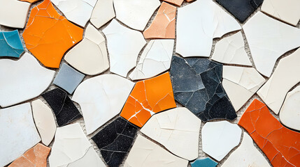 A mosaic of broken tiles in various colors creating a textured abstract design ideal for backgrounds. Use as inspiration for crafts or digital art projects.