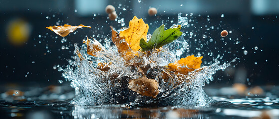 An autumnal splash with yellow and green leaves falling into water creating a dynamic image perfect for nature-themed design. Good for wallpapers.
