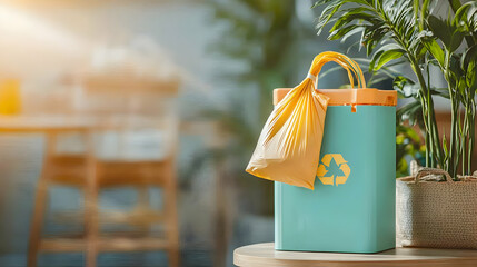 An indoor shot of a recycle bin holding a yellow bag with a plant in the background. The image highlights eco-consciousness and waste management suggestions.