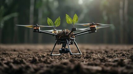 A drone with growing plants symbolizes sustainable agriculture and environmental technology. It suggests eco-friendly practices for farming. The image can be used for green technology or environmental