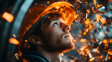 A worker looks up with a hardhat while debris explodes. This image could be used for safety campaigns construction projects or disaster preparedness.