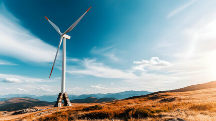 A majestic wind turbine stands tall against a stunning sky generating renewable energy amidst a scenic mountain landscape Perfect for environmental awareness campaigns.