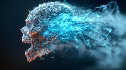 A stylized skull made of fragmented materials releasing ethereal blue energy. Perfect for fantasy game art backgrounds or sci-fi themed visual media.