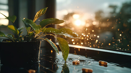 A serene image shows a plant capsules and water droplets. Evokes a sense of tranquility and a gentle natural touch. Use it for relaxation.