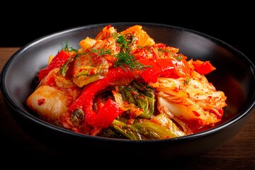 A delicious serving of spicy vegetable kimchi is presented in a black bowl. The vibrant mix includes red peppers, napa cabbage, and herbs, highlighting the dish's colorful appeal