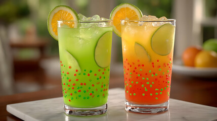 blend with floating citrus slices and neon sparkles on a marble table