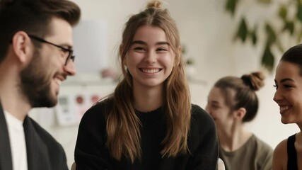A fair-skinned woman with brown hair in a half-up bun smiles warmly at the camera from within a group of people in an indoor setting. Her expression is bright and engaging.