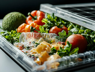 Fresh produce arranged in a clear container. Great for meal prepping showcasing healthy eating. A visual representation of wholesome ingredients for cooking.
