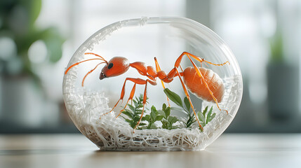 A realistic ant enclosed in a transparent orb with greenery suggesting a miniature habitat. Great for educational resources or artistic decorations. The details are impressive.