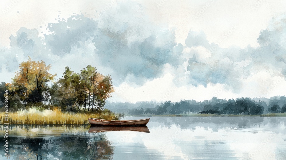 Poster a boat is floating on a lake with trees in the background