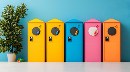 A vibrant picture features colorful recycling machines a plant and bottle caps. It's perfect for environmental awareness projects or eco-friendly design ideas.