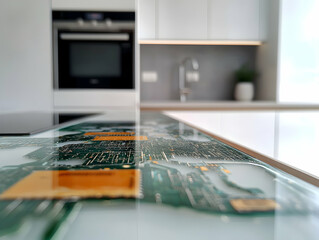 A futuristic kitchen countertop is made of a circuit board creating a unique technological aesthetic. Apply this to a modern kitchen or tech-themed space.