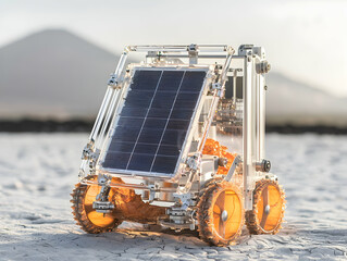 Solar-powered rover explores an alien world. It could be used to study planetary surfaces. It's a technological marvel exploring unexplored environments.