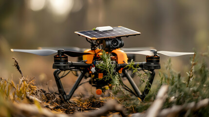 A solar-powered drone sits in a natural environment ready for flight. It is likely designed for ecological or environmental data collection and observation.