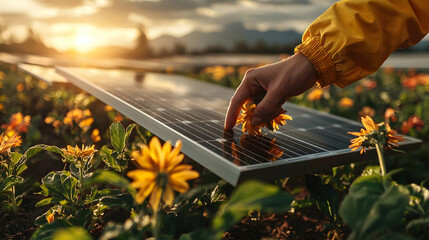 A person's hand places a yellow flower on a solar panel surrounded by other flowers. It suggests sustainable energy and ecological balance possibly for environmental campaigns.