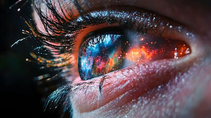 Eye art featuring a galaxy reflection. Captures cosmic beauty and ethereal dreams. Use as a wallpaper for visual inspiration or an abstract art piece.