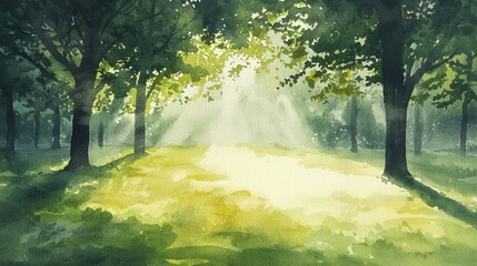 Obraz premium A painting of a forest with trees and grass