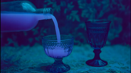 bottle pouring glowing liquid into a crystal goblet