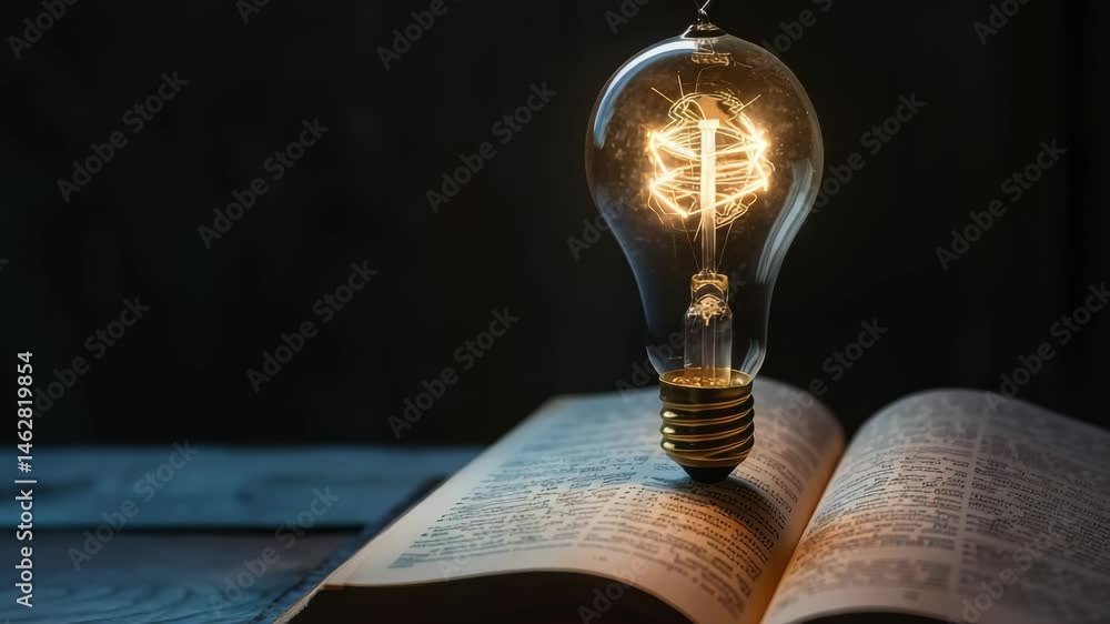 Poster a glowing light bulb rests atop an open book, casting a warm glow on the pages. the scene represents