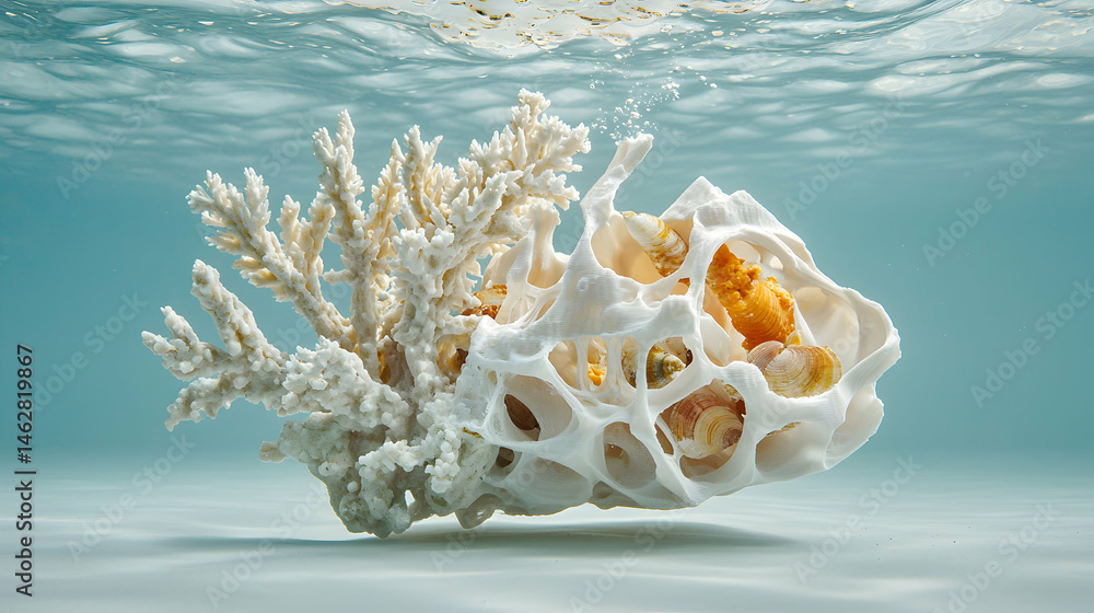 Poster underwater art installation featuring coral and a porous shell structure filled with seashells. sugg