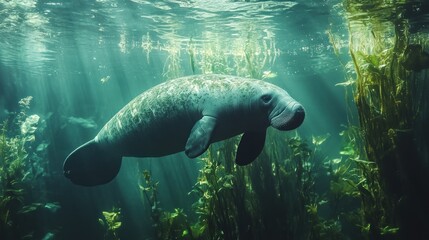 Fototapeta premium Manatee swimming in sunlit aquatic plants