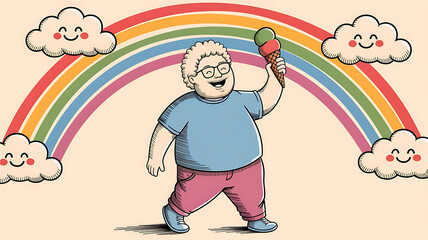 Cartoon of happy boy with ice cream cone, rainbow, and smiling clouds on beige background.