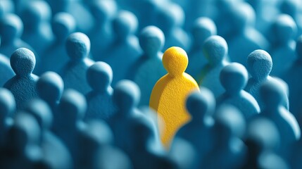 Obraz premium Unique Yellow Figure Among Blue Crowd Abstract Concept Business Success Leadership Individuality Standout Person Teamwork People Group 3D 