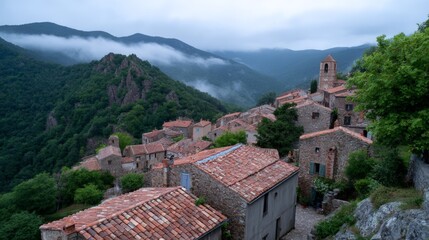Fototapeta premium Panoramic view of ancient hilltop village overlooking misty mountains