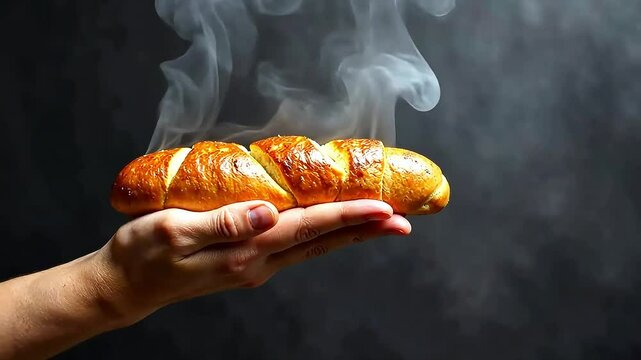 Hand holding freshly baked bread with golden crispy crust, on neutral grey background, steam coming from hot bread, banner design, bakery, homemade baking