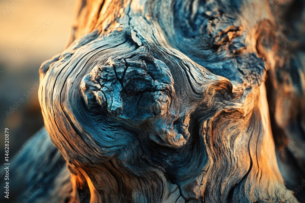 Poster close-up of a weathered tree stump, showcasing intricate grain patterns and textures illuminated by 