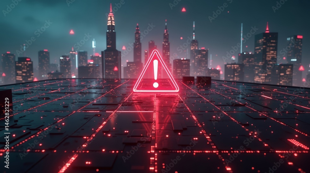 Poster red emergency warning lights in digital cityscape – great background for tech and infrastructure app
