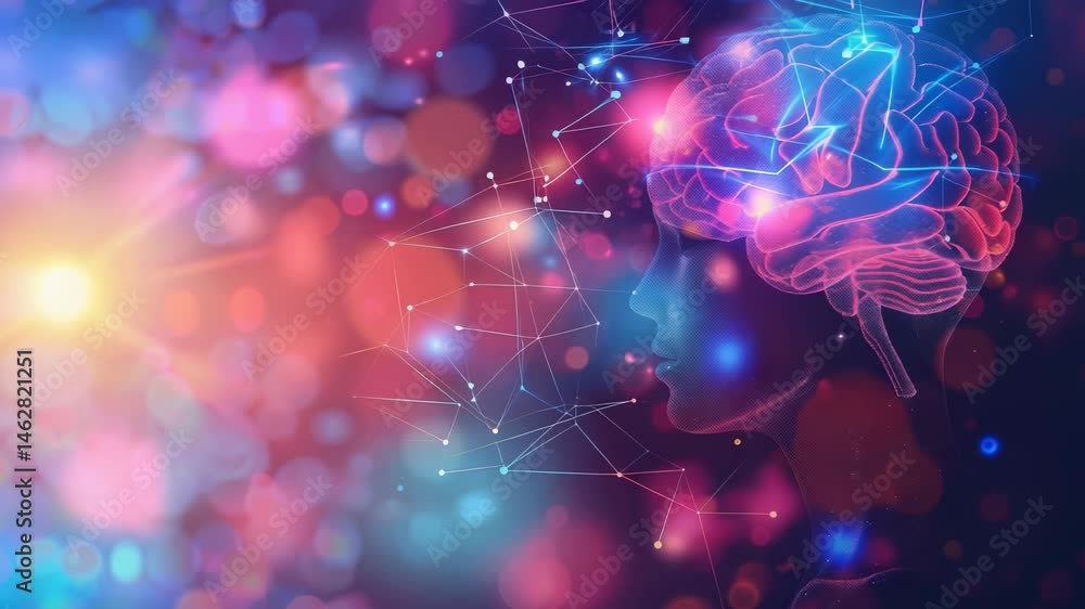 Poster This image depicts a human brain and profile interconnected with a network of lights and lines, creating a visually striking representation of artificial intelligence.