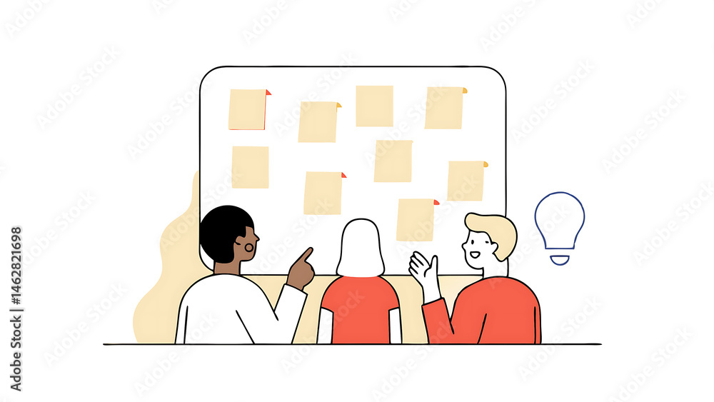 Poster a close up group of diverse people standing near a board with sticky notes and discussing an idea is