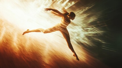 Fototapeta premium A dynamic scene of a gymnast performing a floor routine, with dramatic lighting and motion blur. 