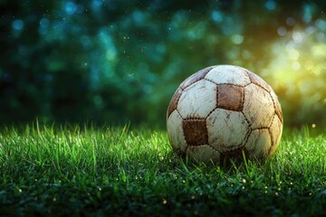 A textured football rests on green grass illuminated by sunlight