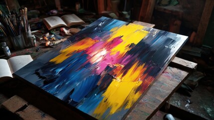 Large abstract painting with blue, yellow, and pink colors on wooden surface with art supplies