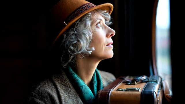 Thoughtful mature woman looking through a train window, reflecting on travel and life experiences.