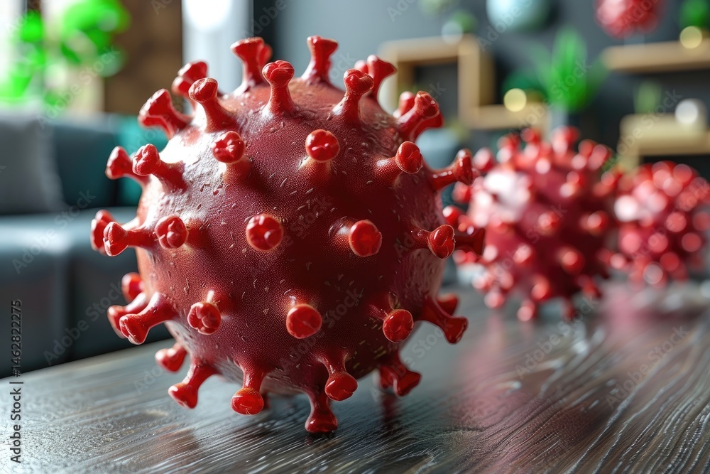 Poster a three dimensional artistic rendering of a virus in red color