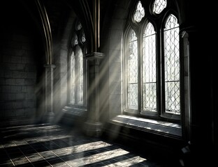 Fototapeta premium A photo of light rays coming through Gothic windows. The walls are made from dark stone, and there