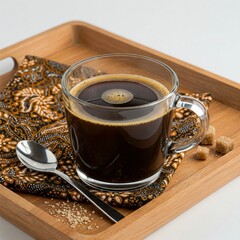 Fototapeta premium Kopi Tubruk Indonesian Coffee A clear glass mug filled with thick black coffee and fine grounds settled at the bottom. It sits on a wooden tray with a batik-patterned cloth underneath. A spoon rests b
